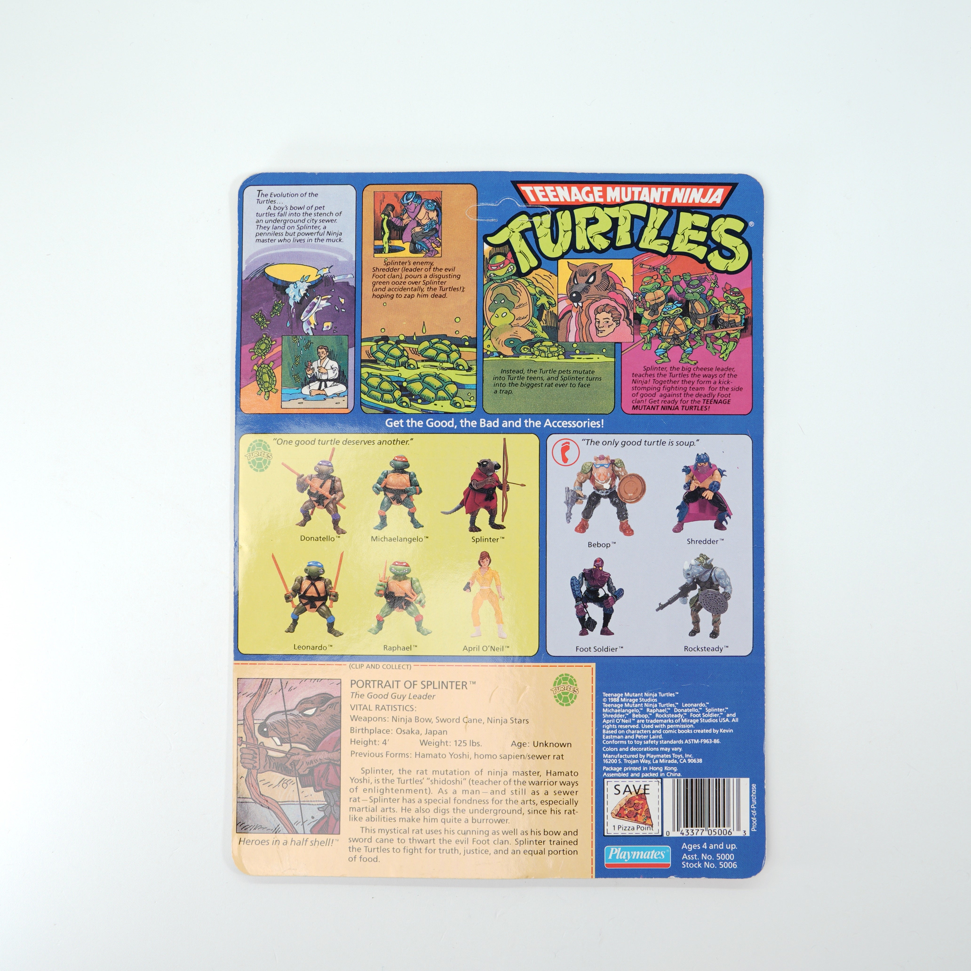 1988 Hard Head Splinter TMNT Complete with Figure, Accessories, and Unpunched 10 Back Cardback