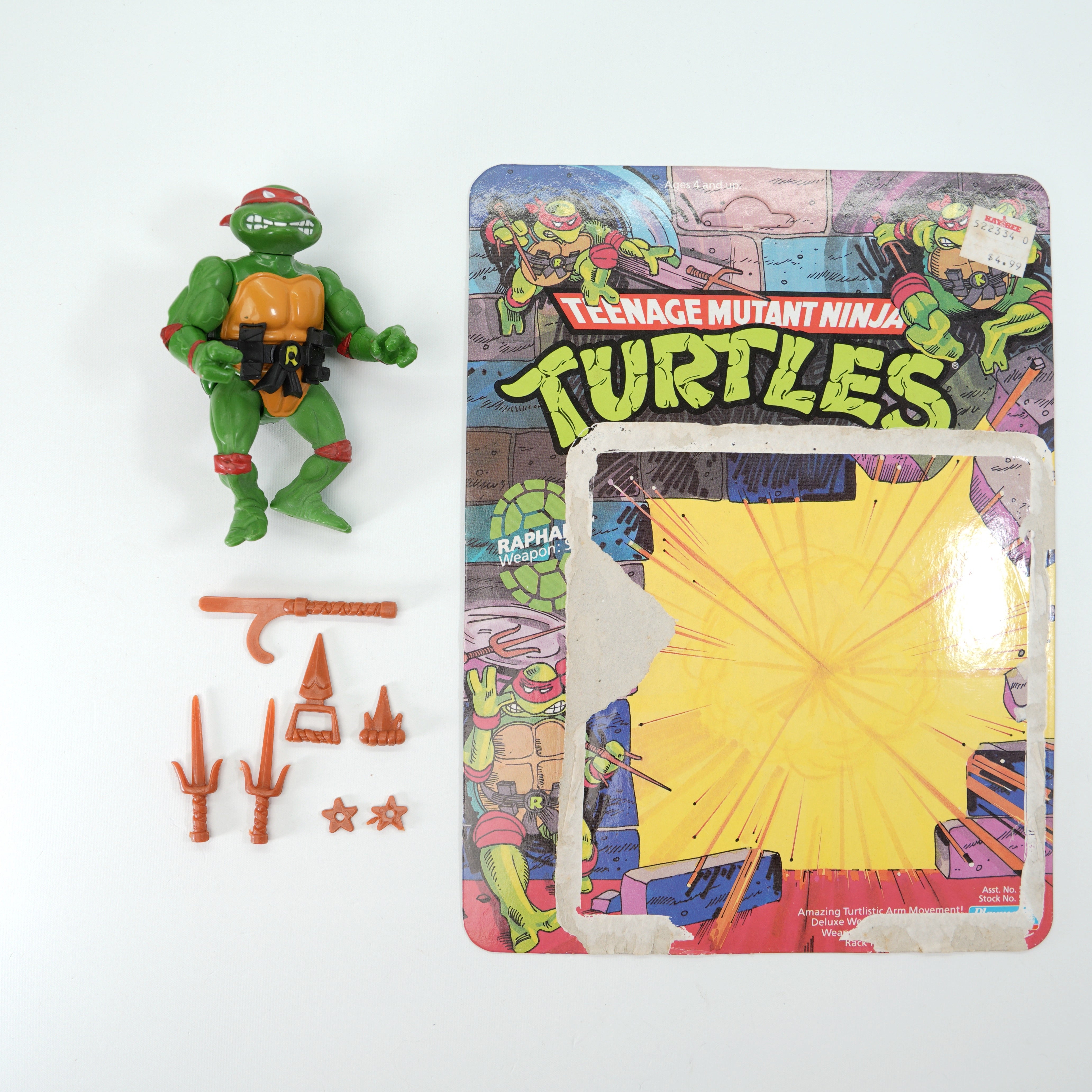 1988 Raphael Hard Head TMNT Complete with Figure, Accessories, and Unpunched 10 Back Cardback