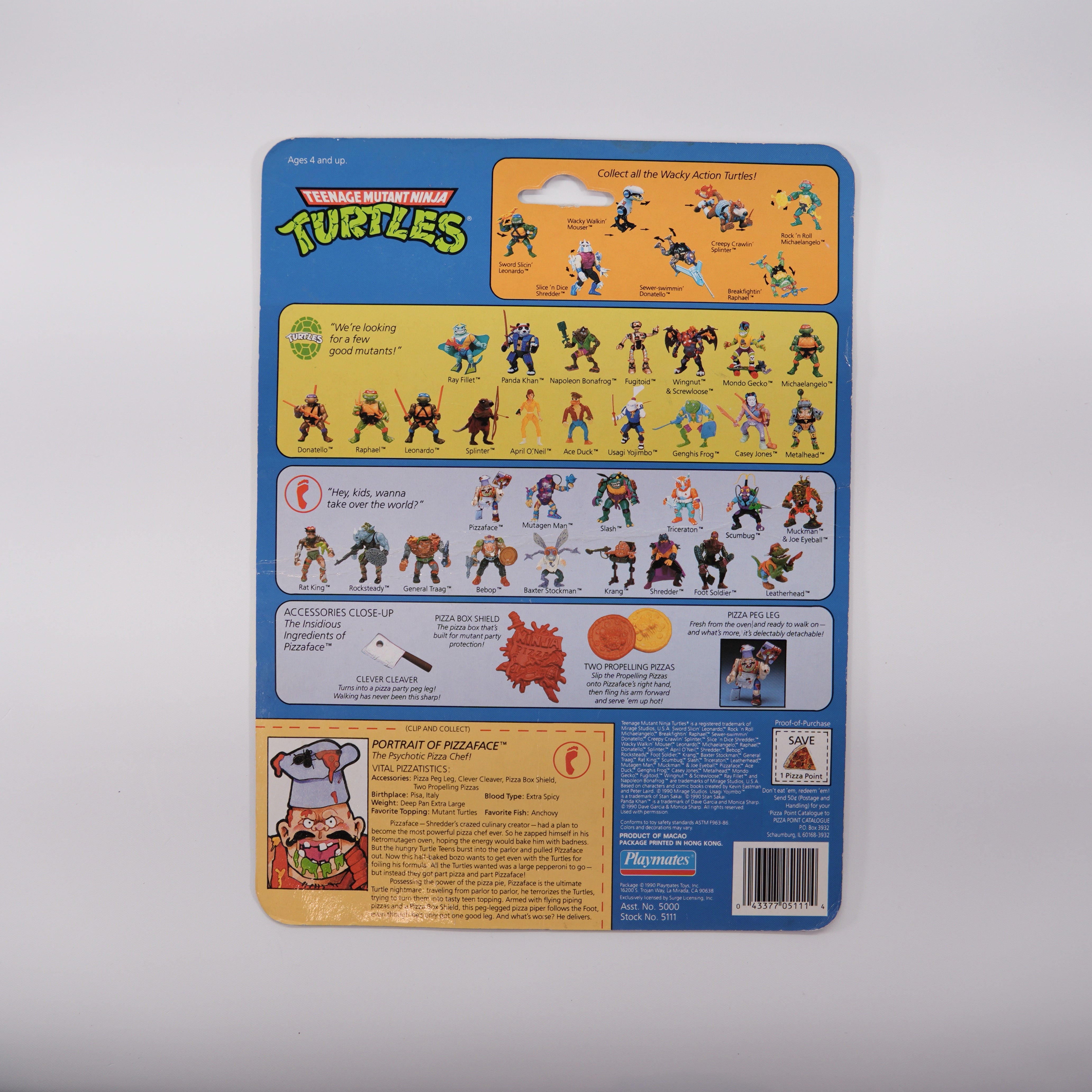 1990 Pizzaface TMNT Complete with Figure, Accessories, and Full Cardback