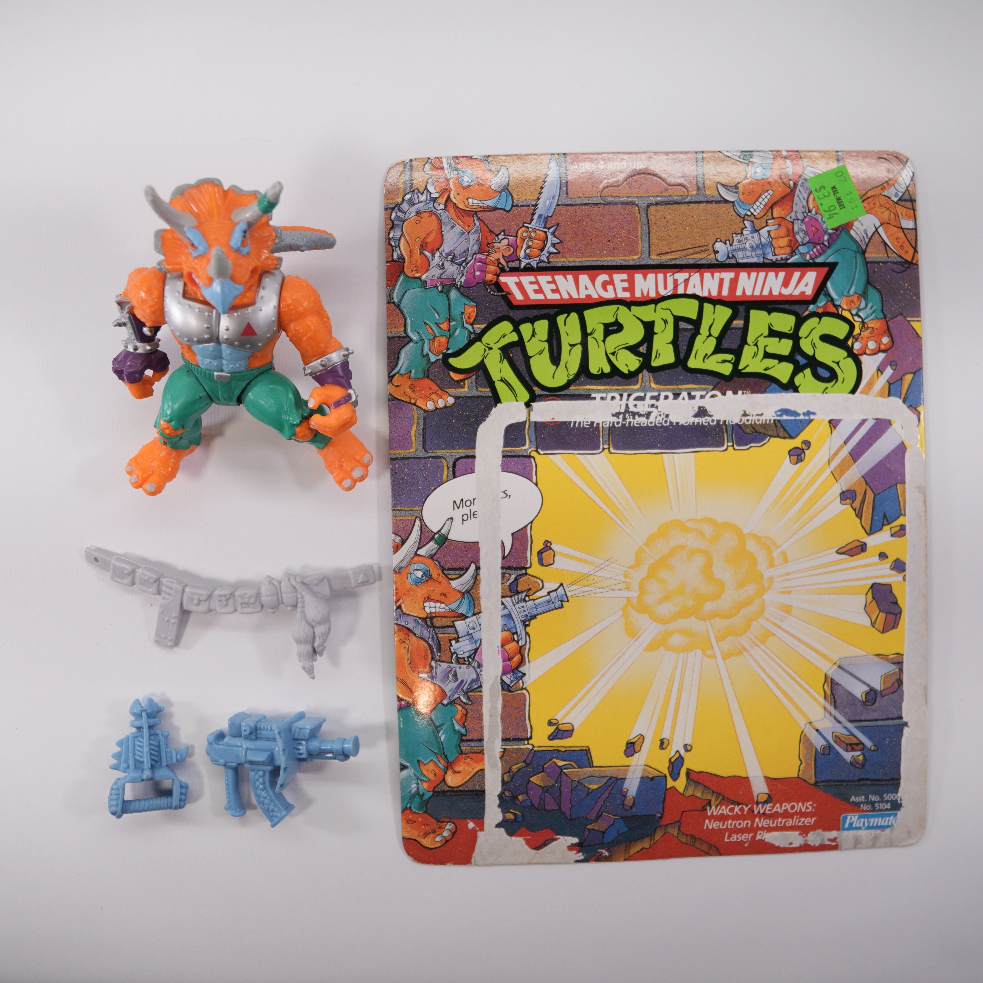 1990 Triceratron TMNT Complete with Figure, Accessories, and Unpunched Cardback (Repaired)