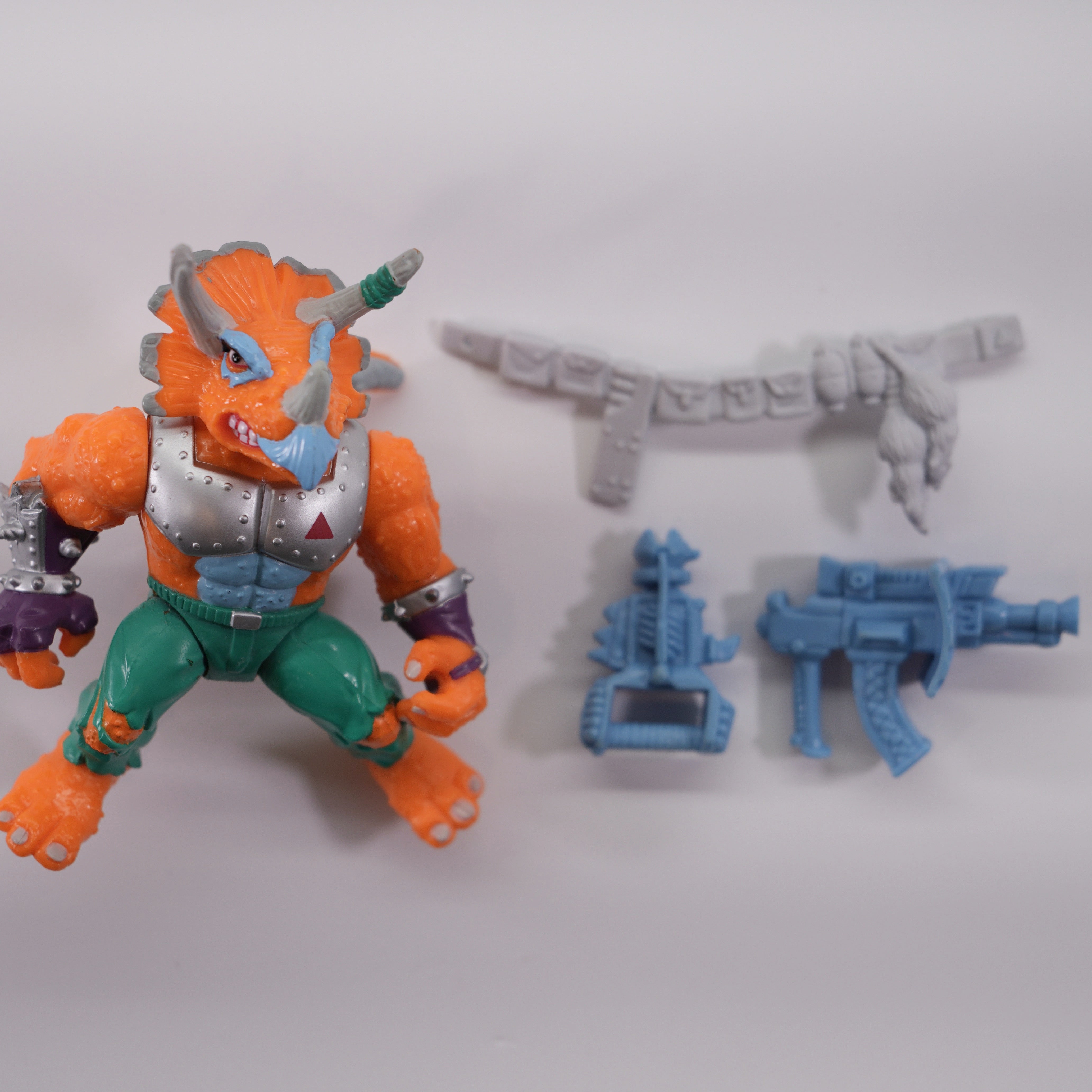 1990 Triceratron TMNT Complete with Figure, Accessories, and Unpunched Cardback (Repaired)