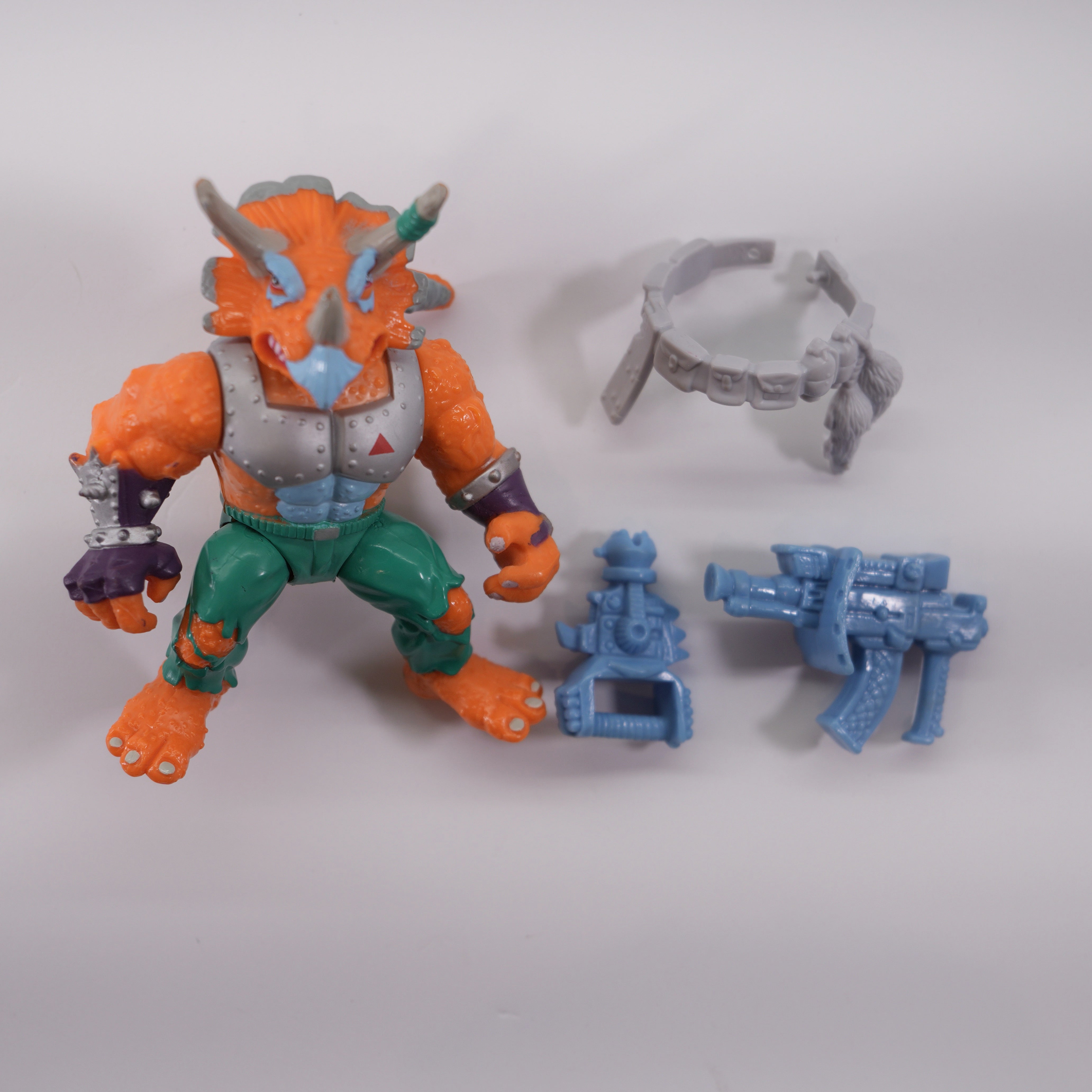 1990 Triceratron TMNT Complete with Figure, Accessories, and Full Cardback (Repaired)