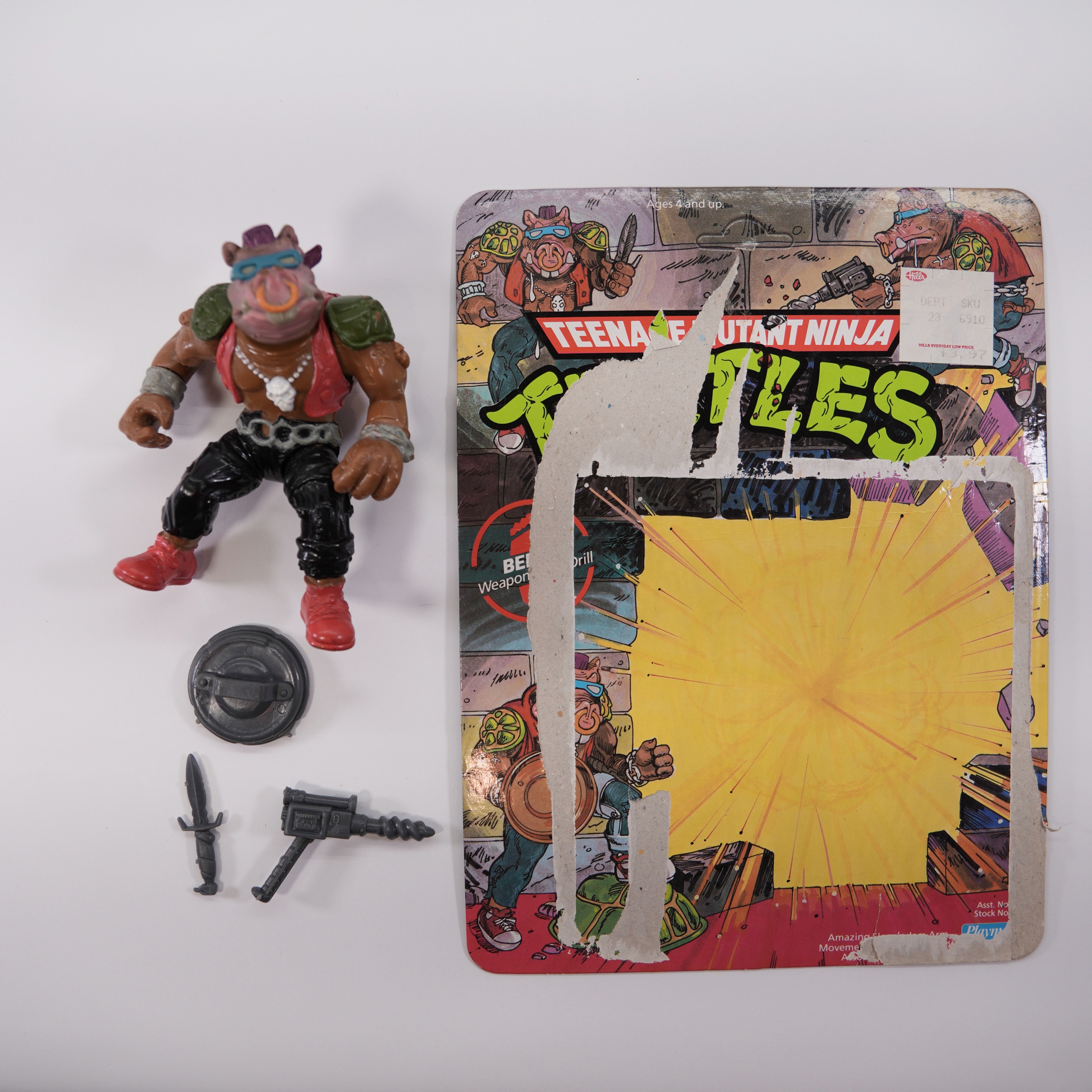 1988 Pink Soft Head Bebop TMNT Complete with Figure, Accessories, and Unpunched 10 Back Cardback