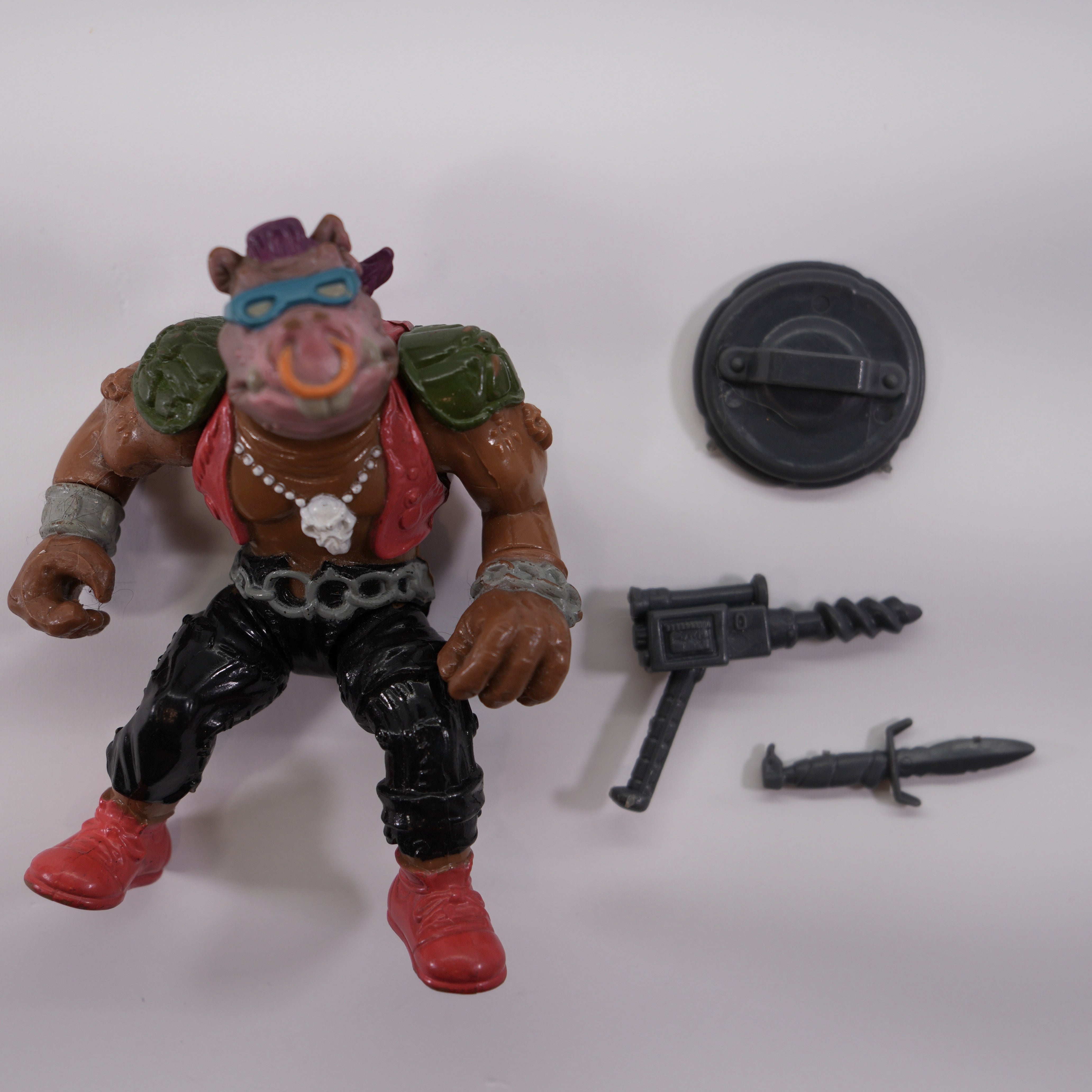 1988 Pink Soft Head Bebop TMNT Complete with Figure, Accessories, and Unpunched 10 Back Cardback