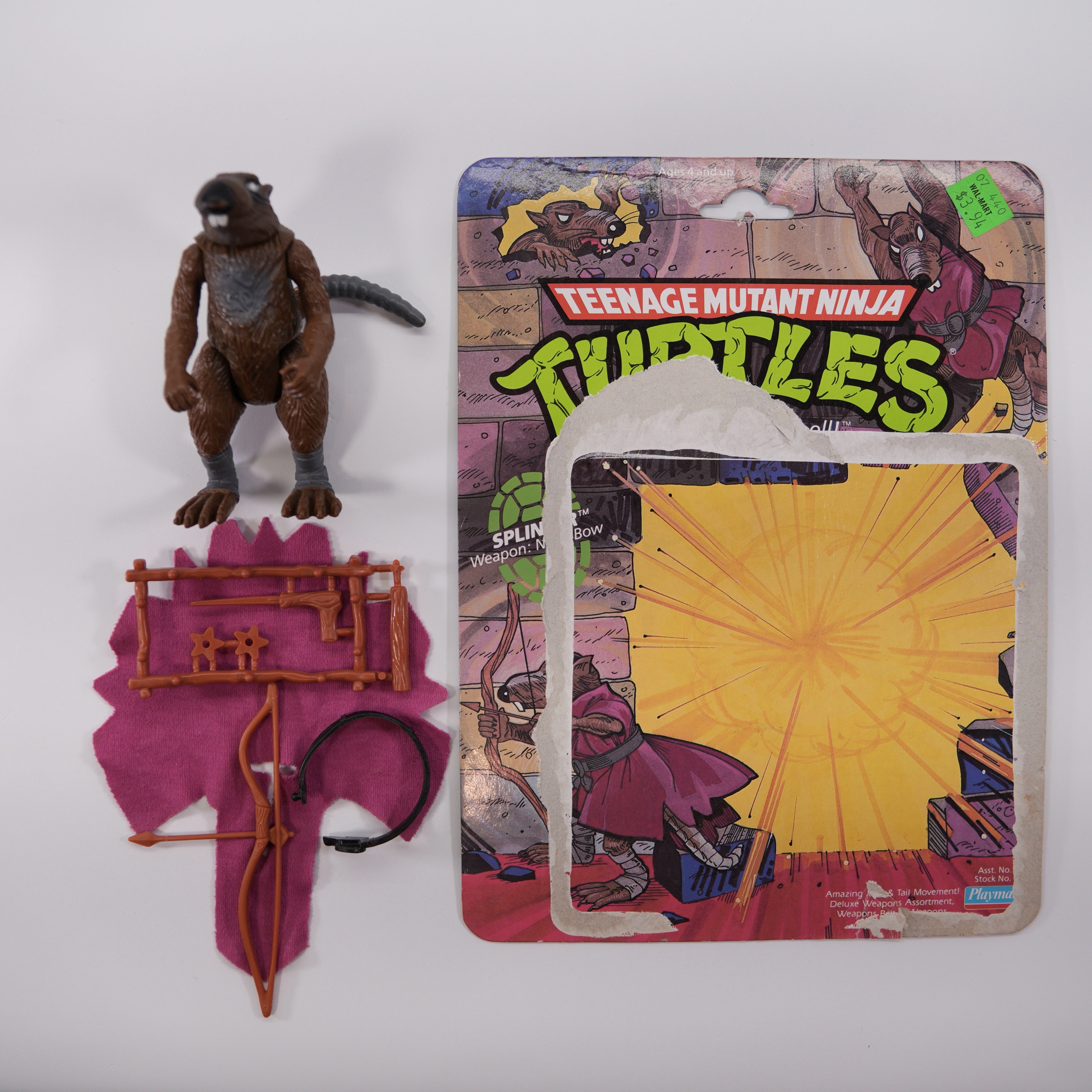 1988 Soft Head Splinter TMNT Complete with Figure, Accessories on Rack, and Full 10 Back Cardback