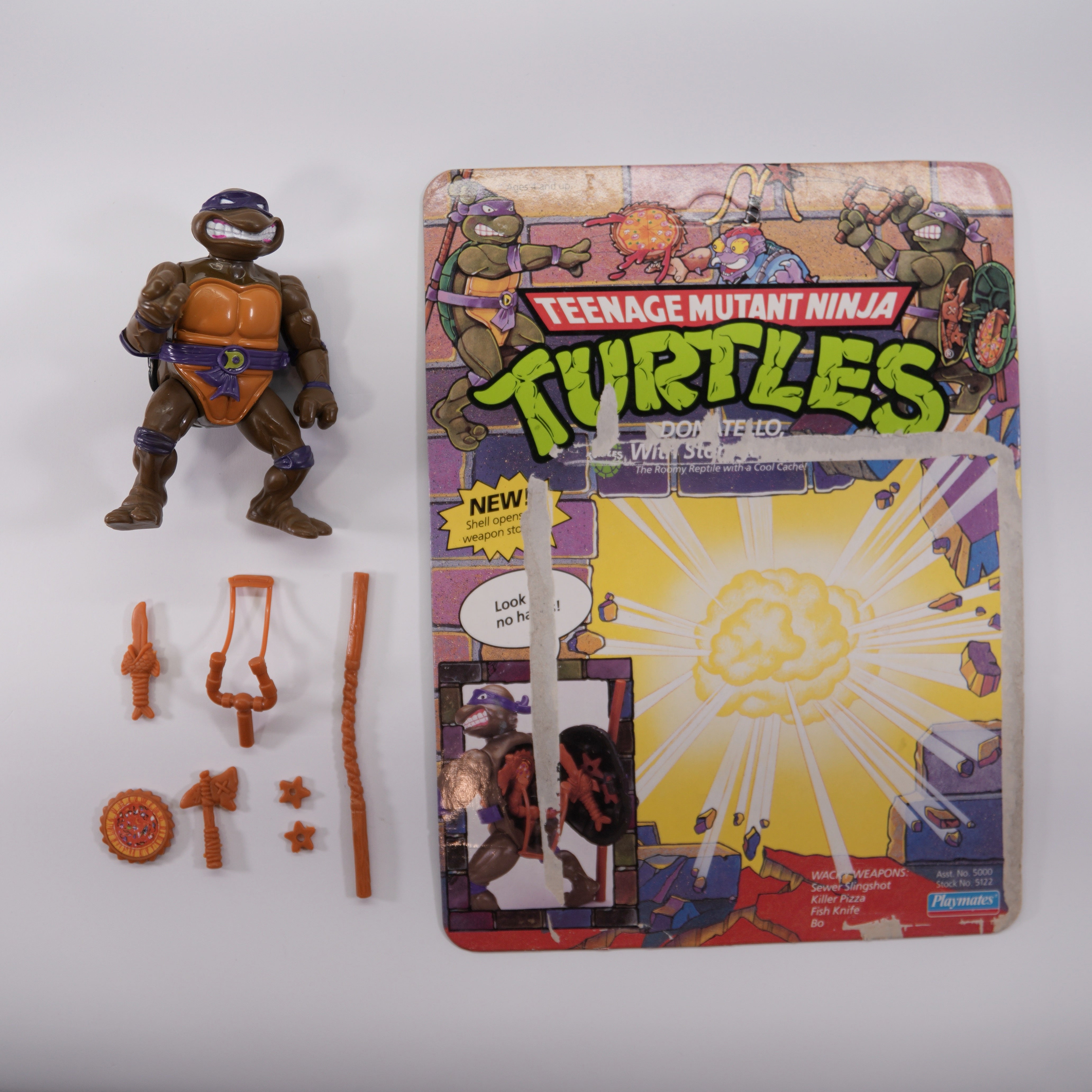 1991 Leonardo Storage Shell TMNT Complete with Figure, Accessories, and Unpunched Cardback