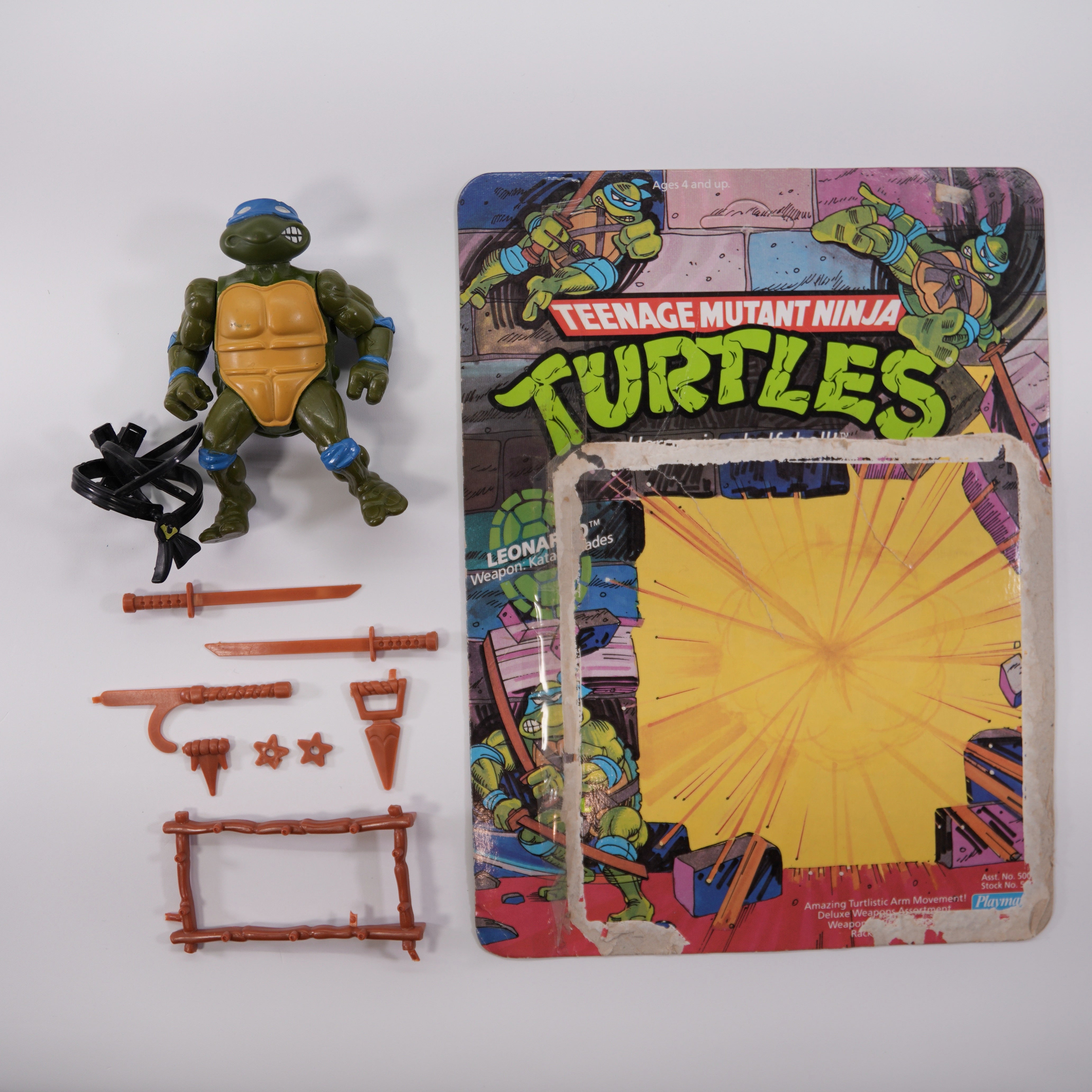 1988 Leonardo Soft Head TMNT Complete with Figure, Accessories, and Unpunched 10 Back Cardback