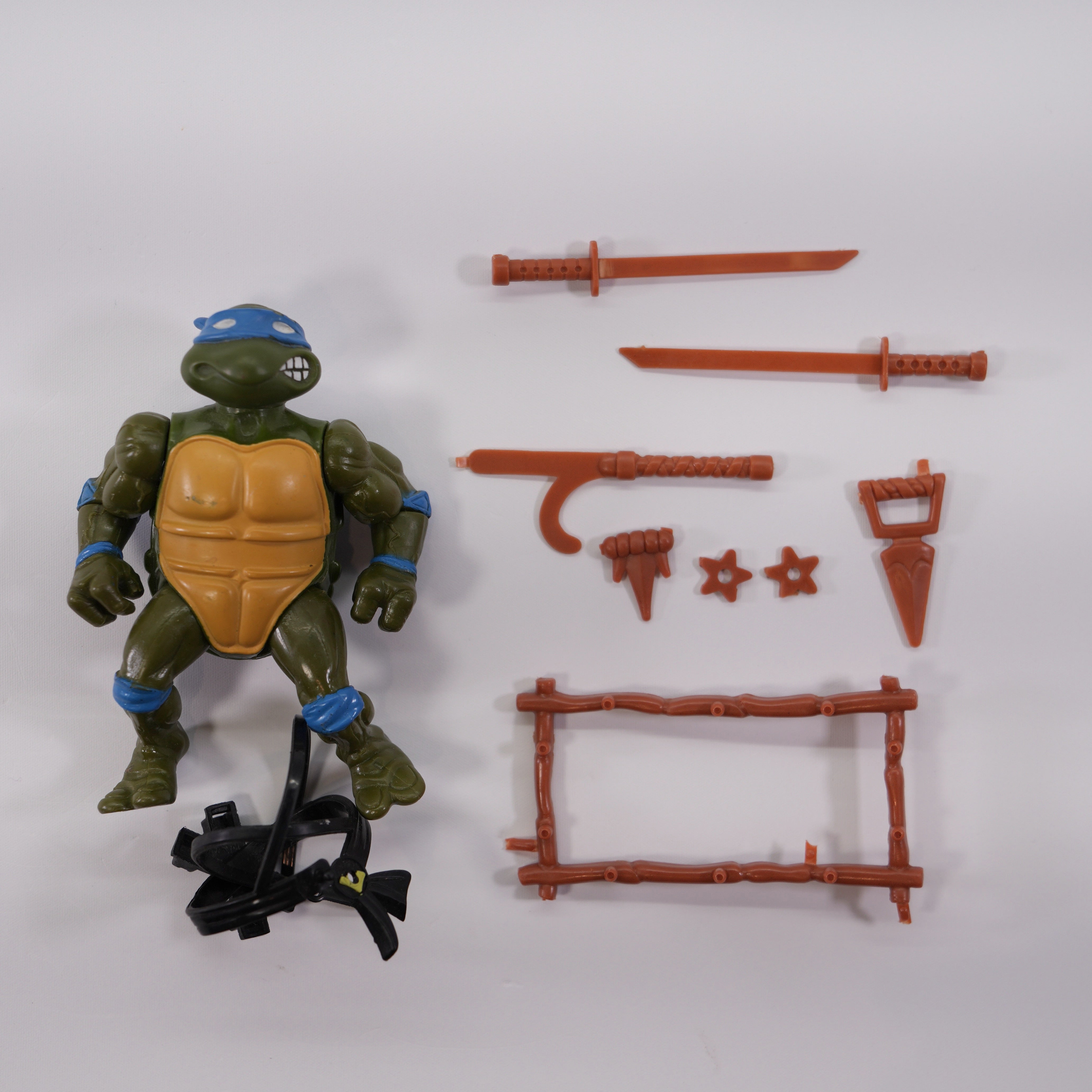 1988 Leonardo Soft Head TMNT Complete with Figure, Accessories, and Unpunched 10 Back Cardback