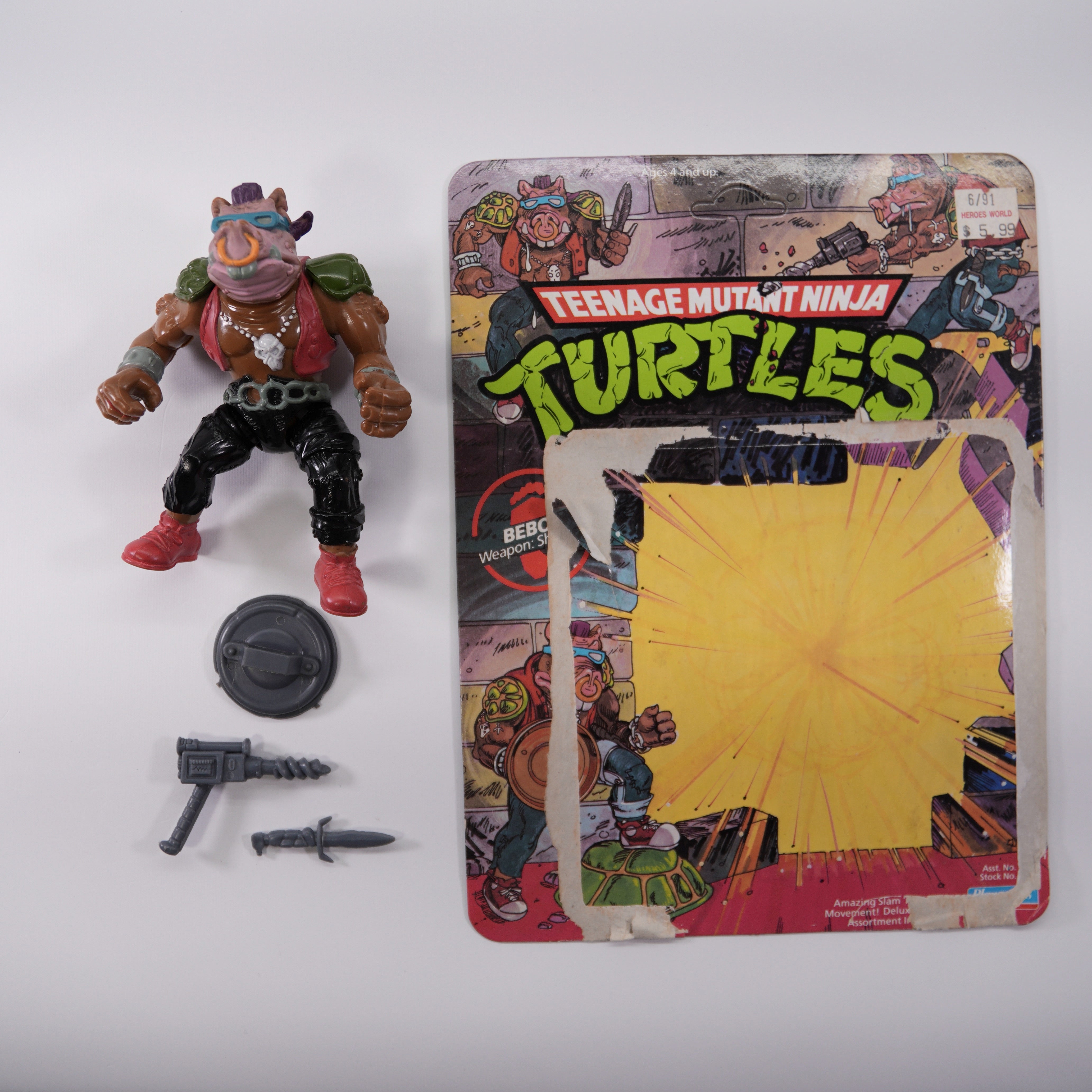 1988 Bebop Hard Head TMNT Complete with Figure, Accessories, and Unpunched Cardback