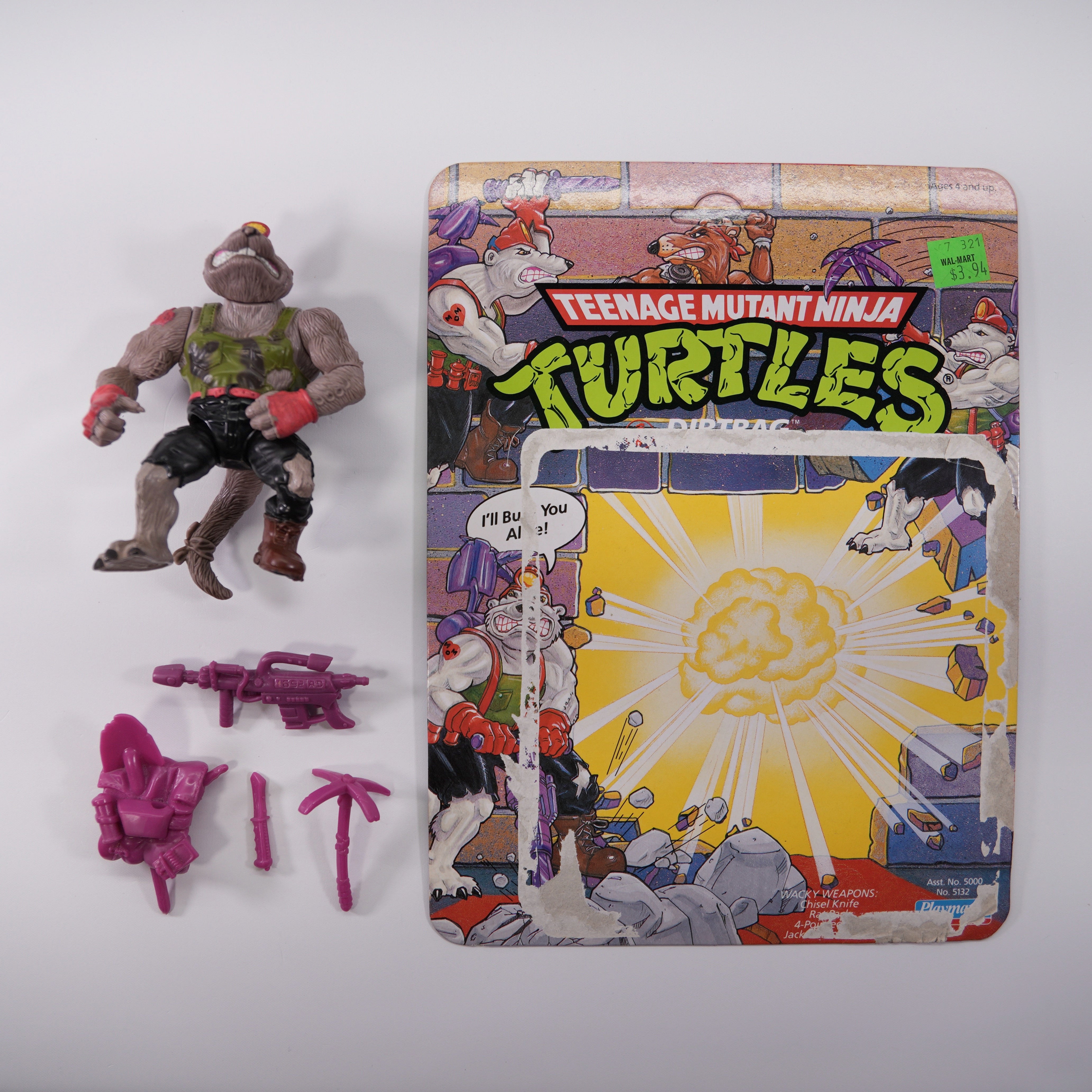 1991 Dirtbag TMNT Complete with Figure, Accessories, and Unpunched Cardback (Repaired)