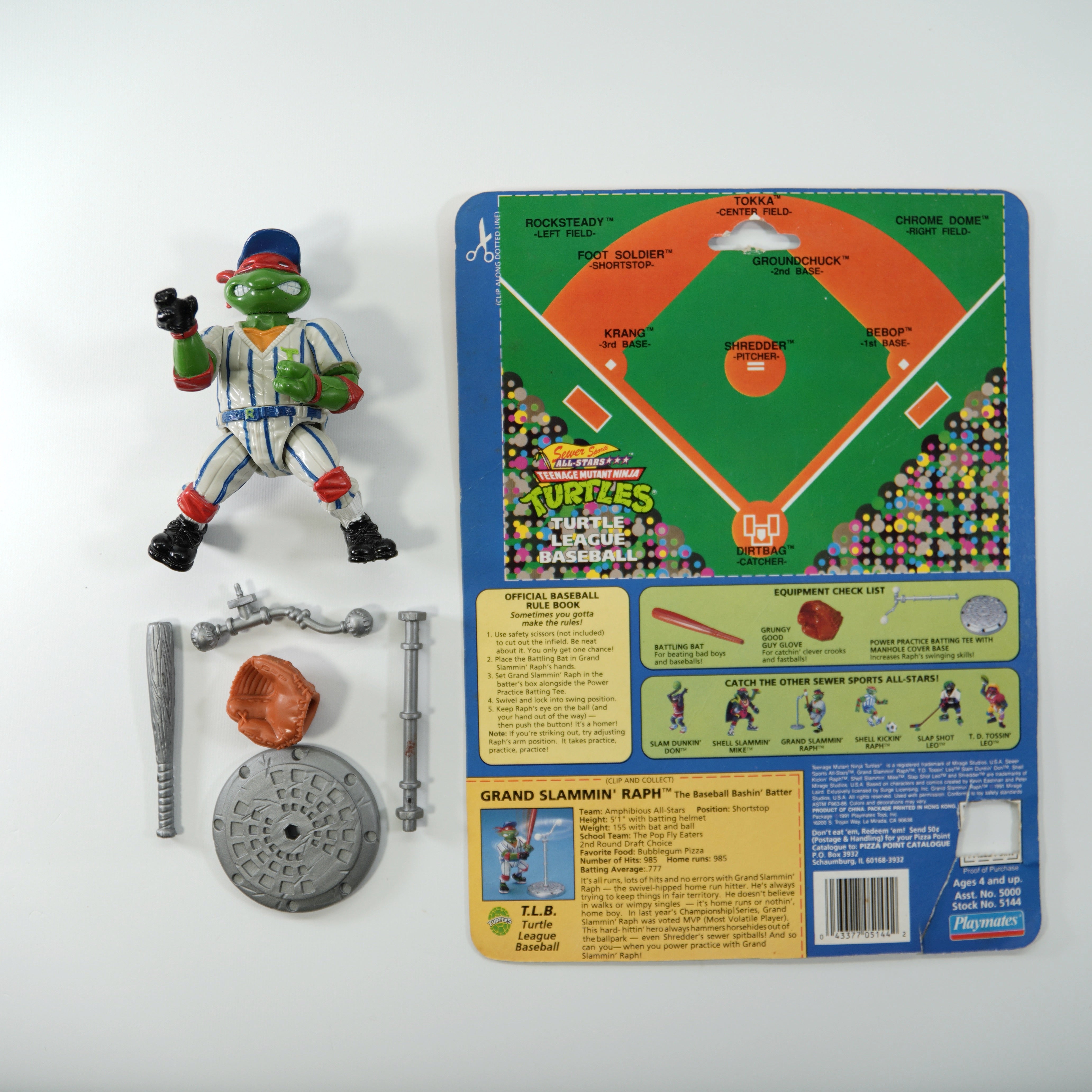 1991 Grandslammin' Raph TMNT Complete with Figure, Accessories, and Cardback