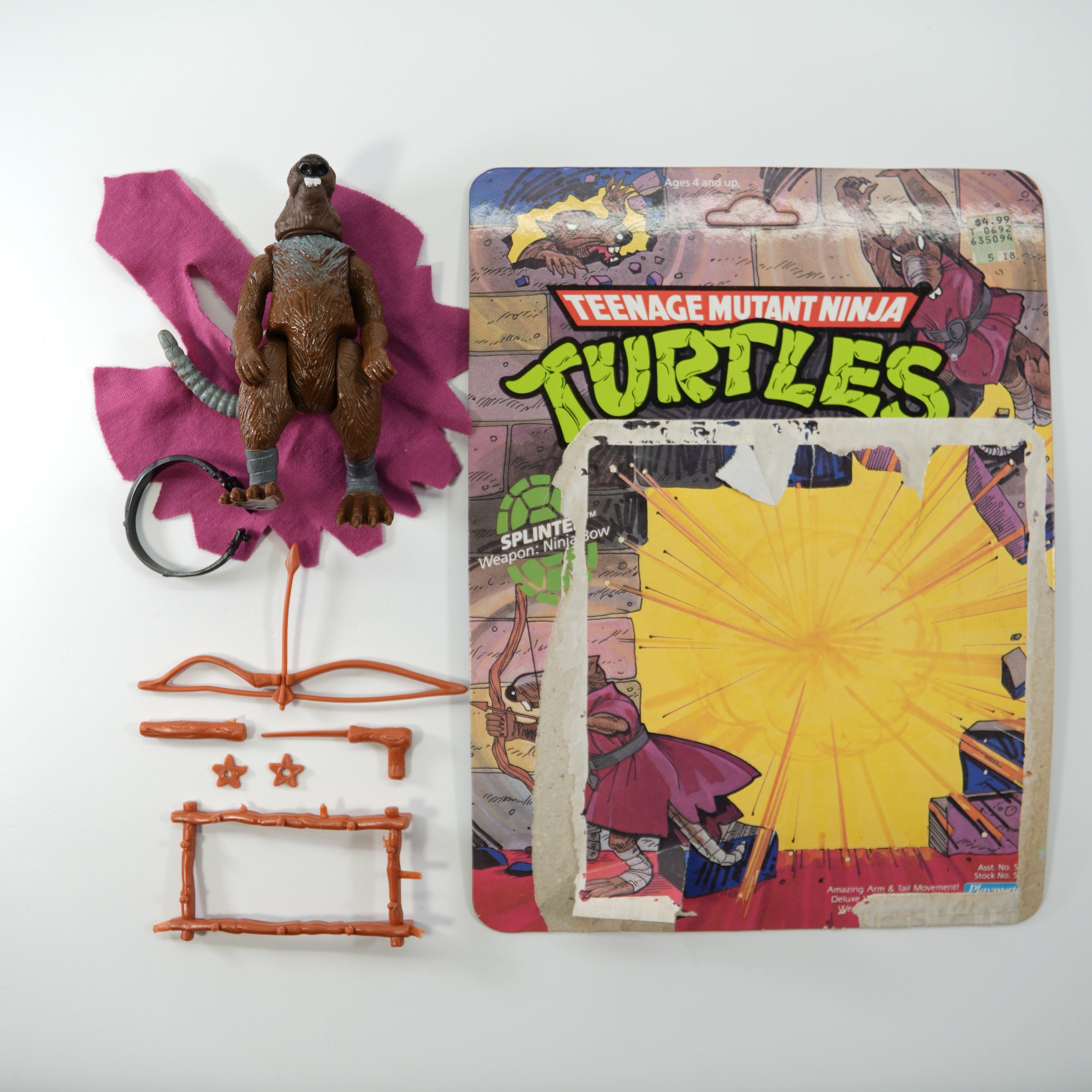 1988 Soft Head Splinter TMNT Complete with Figure, Accessories, and Full 10 Back Unpunched Cardback