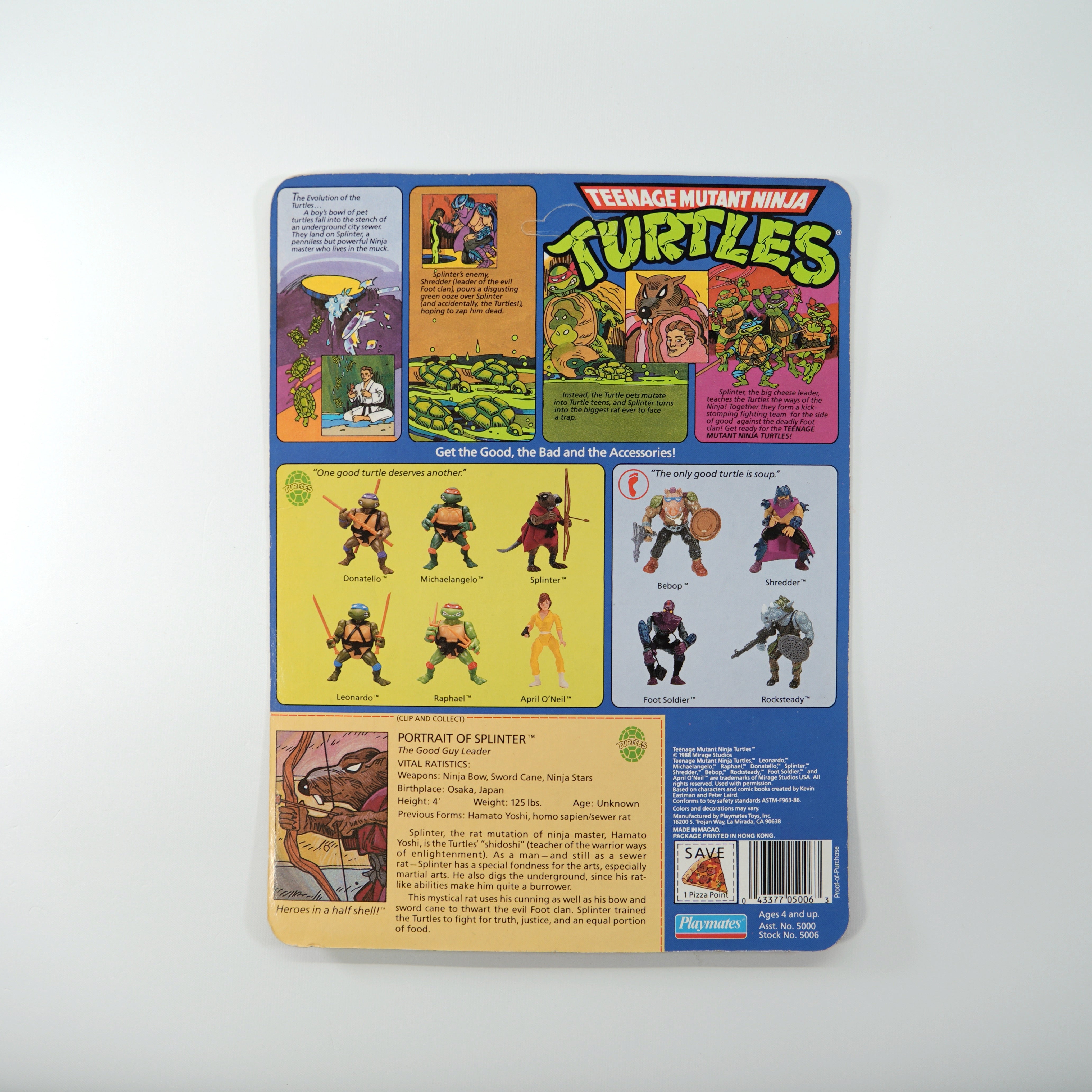 1988 Soft Head Splinter TMNT Complete with Figure, Accessories, and Full 10 Back Unpunched Cardback