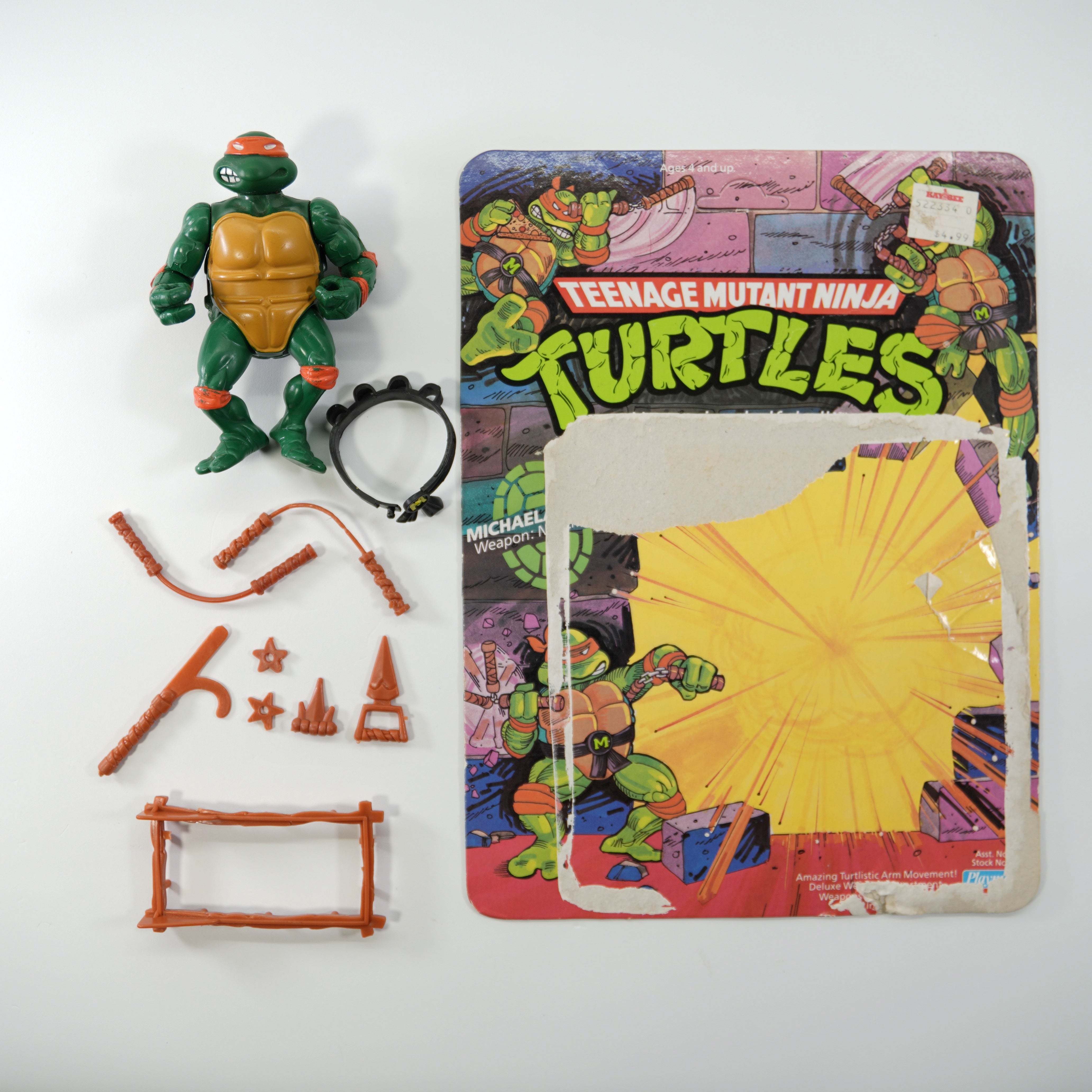 1988 Michaelangelo Soft Head TMNT Complete with Figure, Accessories, and Unpunched 10 Back Cardback