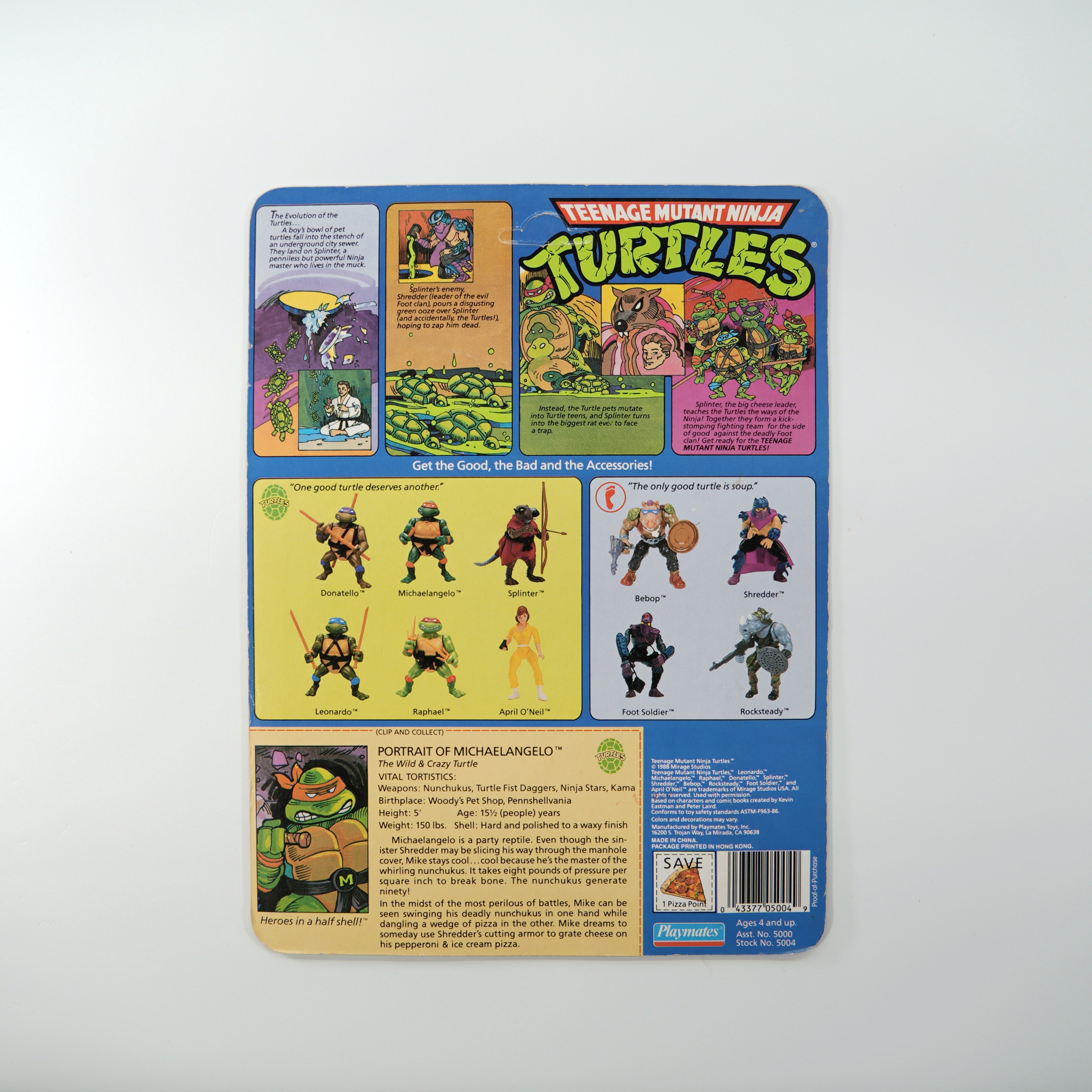 1988 Michaelangelo Soft Head TMNT Complete with Figure, Accessories, and Unpunched 10 Back Cardback