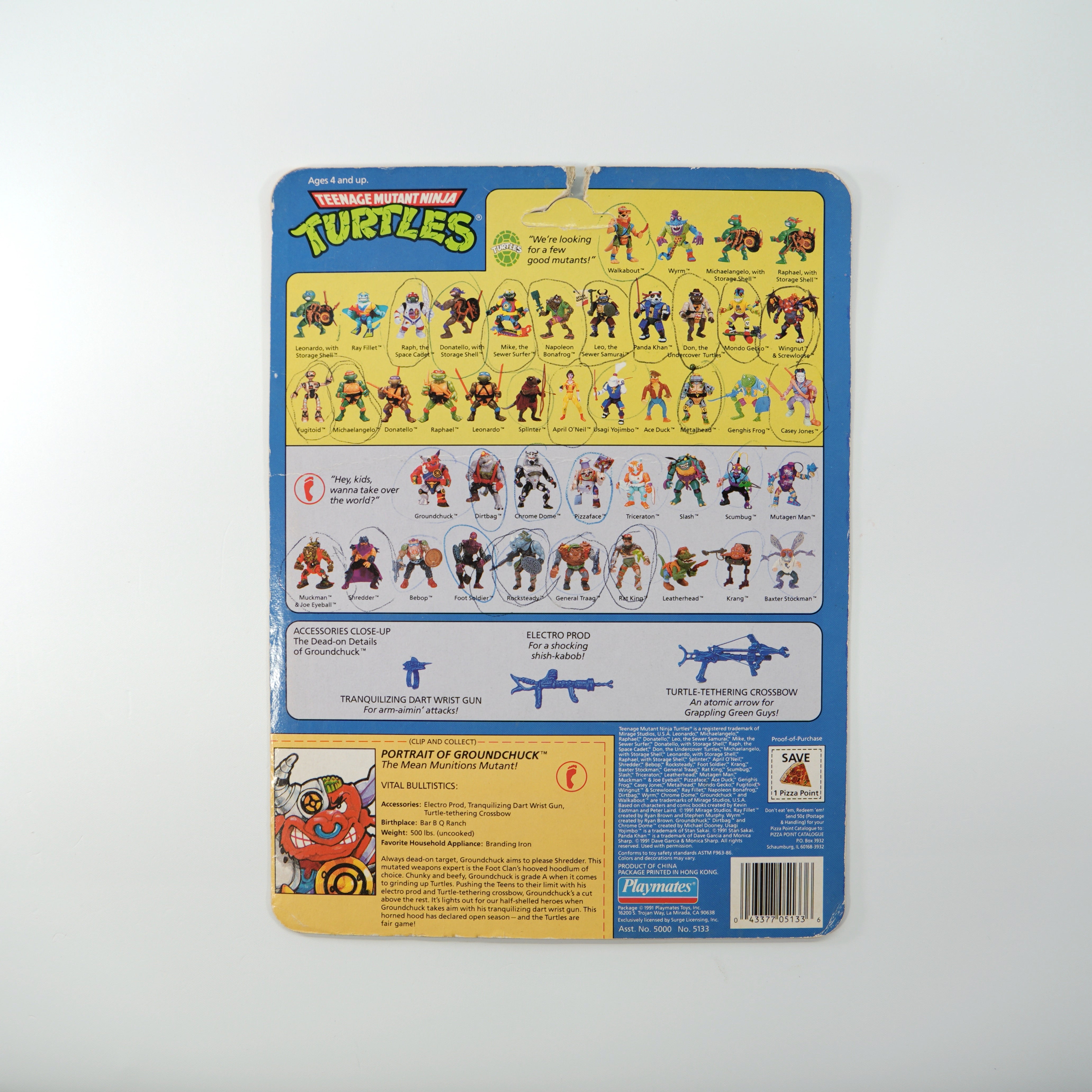 1991 Groundchuck TMNT Complete with Figure, Accessories, and Unpunched Cardback