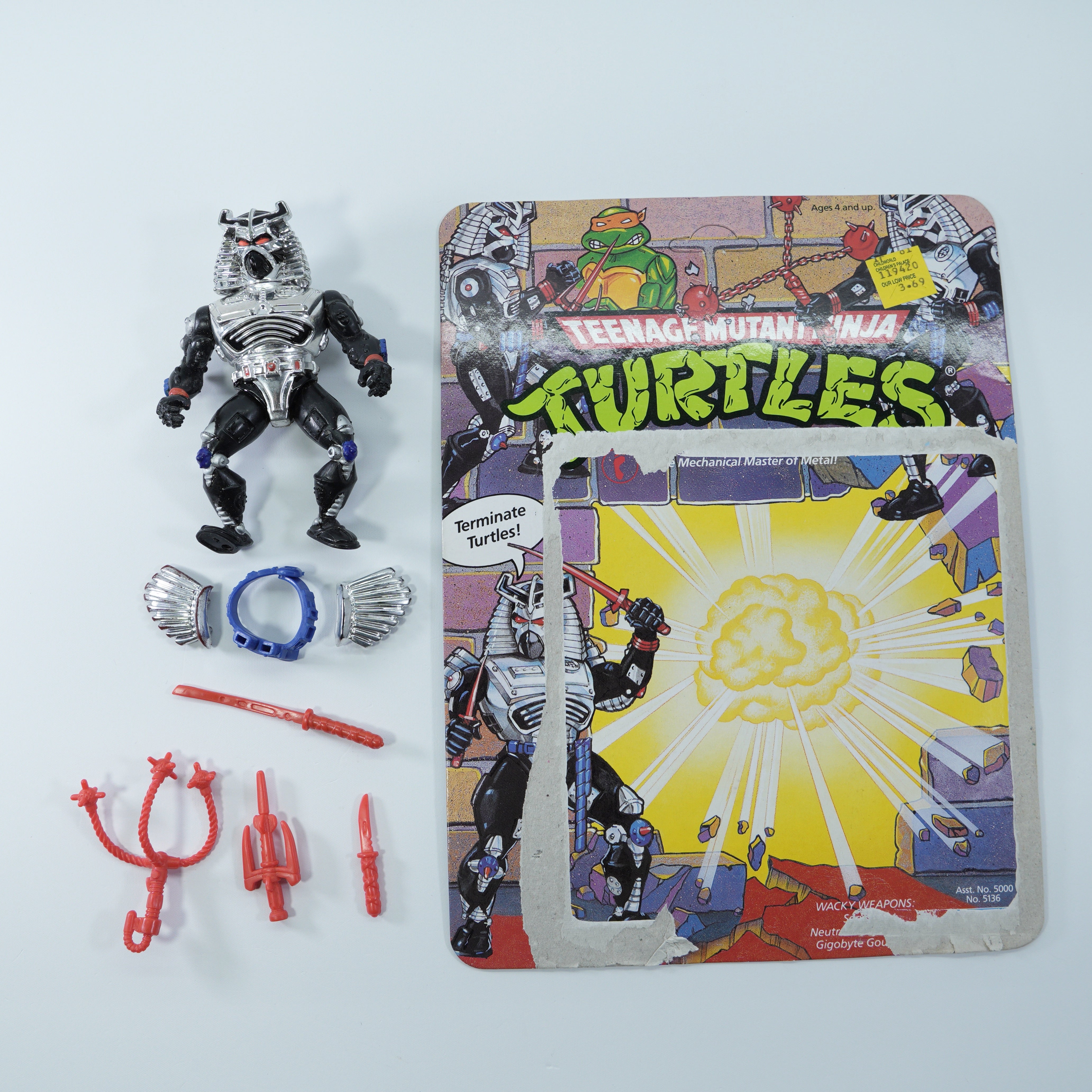 1991 Chrome Dome TMNT Complete with Figure, Accessories, and Unpunched Cardback