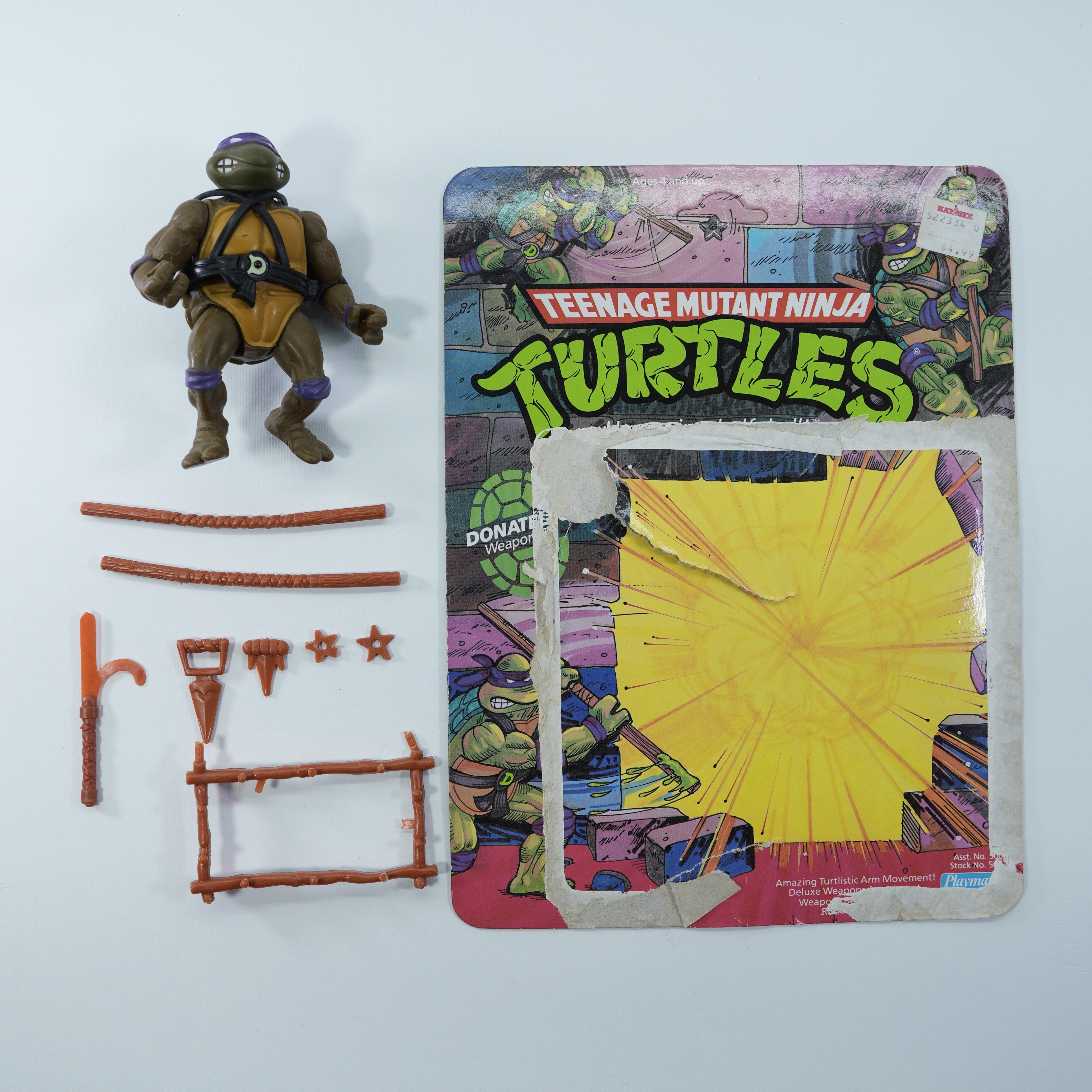 1988 Donatello Soft Head TMNT Complete with Figure, Accessories, and Unpunched 10 Back Cardback