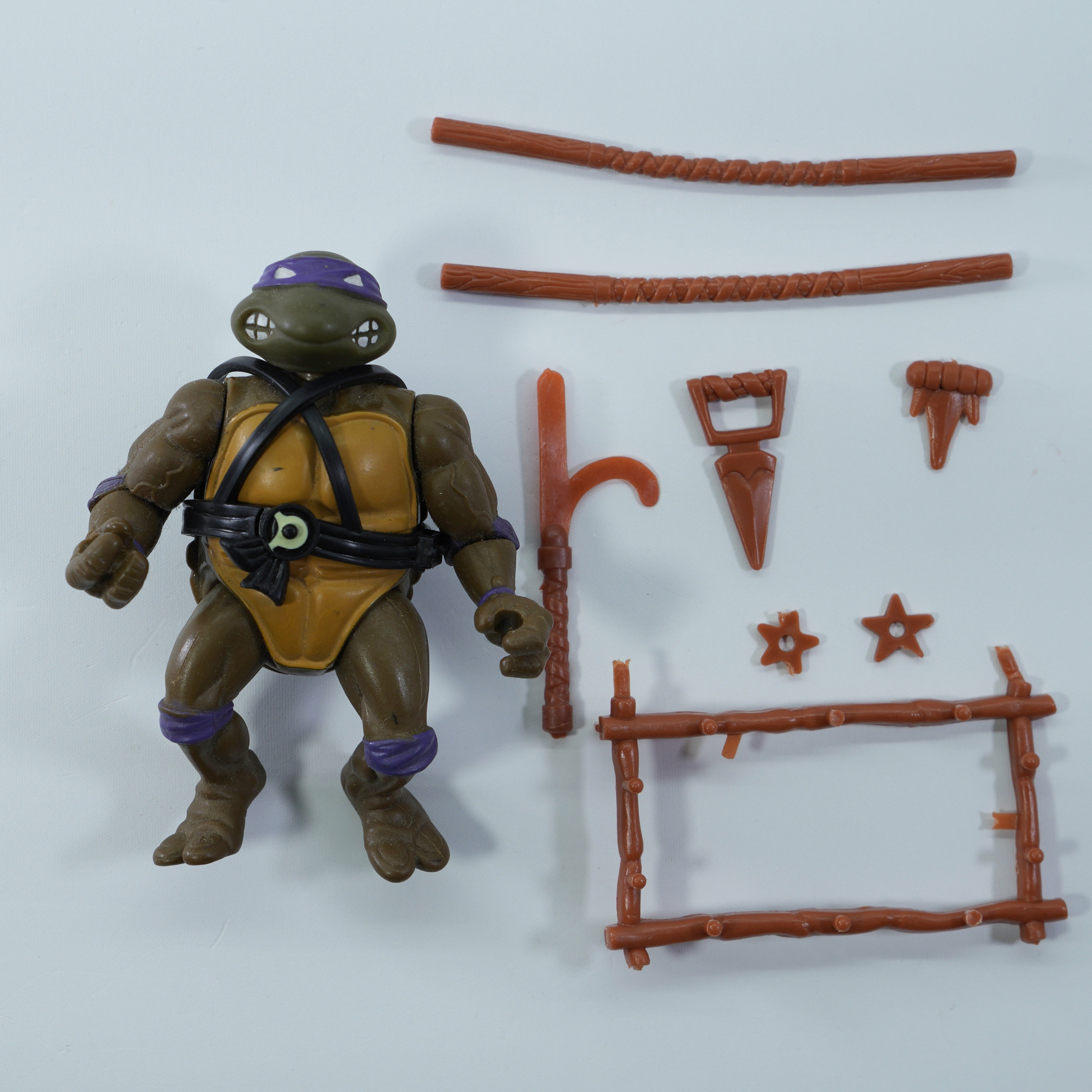 1988 Donatello Soft Head TMNT Complete with Figure, Accessories, and Unpunched 10 Back Cardback