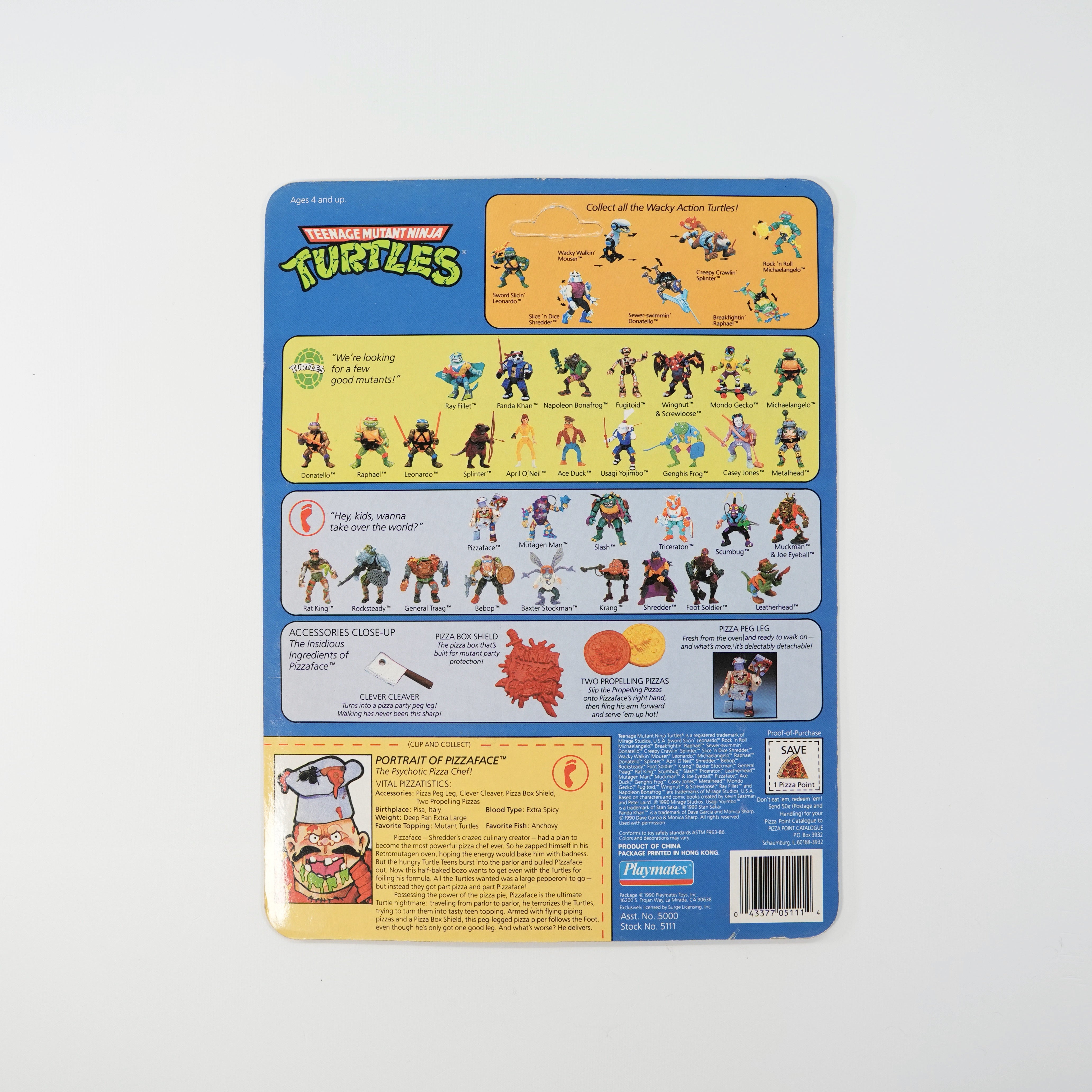 1990 Pizzaface TMNT Complete with Figure, Accessories, and Unpunched Cardback