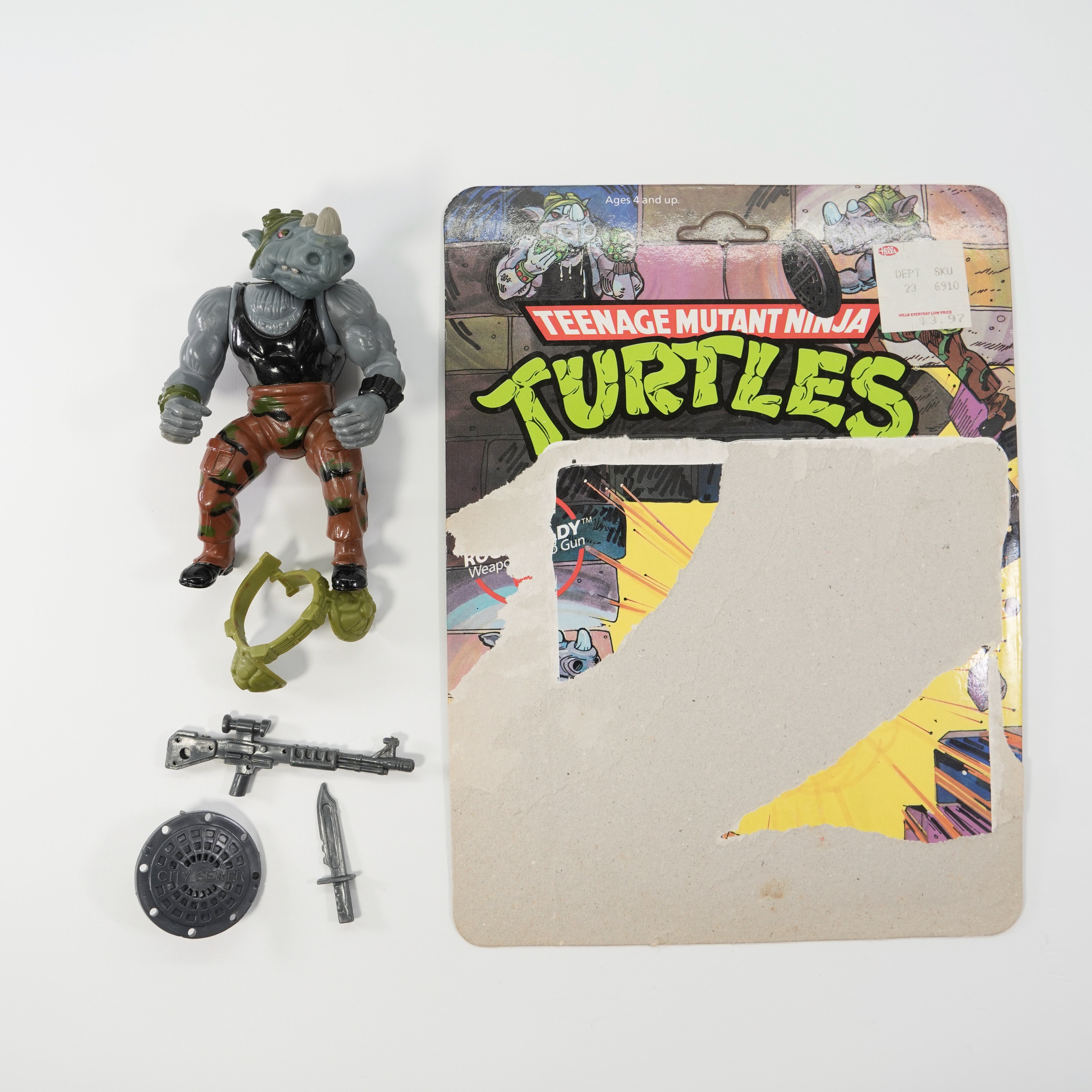 1988 Rocksteady Soft Head TMNT Complete with Figure, Accessories, and Unpunched 10 Back Cardback