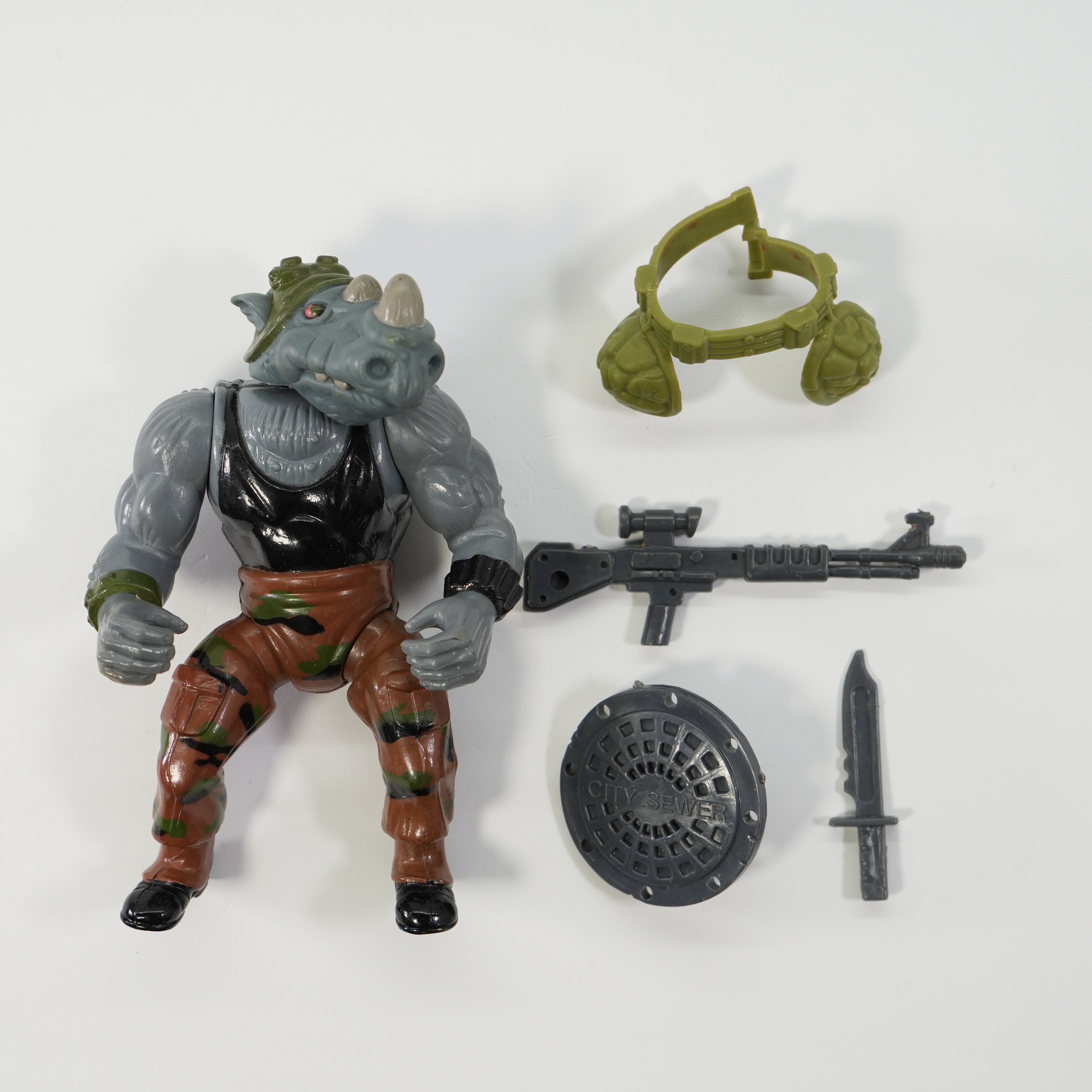 1988 Rocksteady Soft Head TMNT Complete with Figure, Accessories, and Unpunched 10 Back Cardback