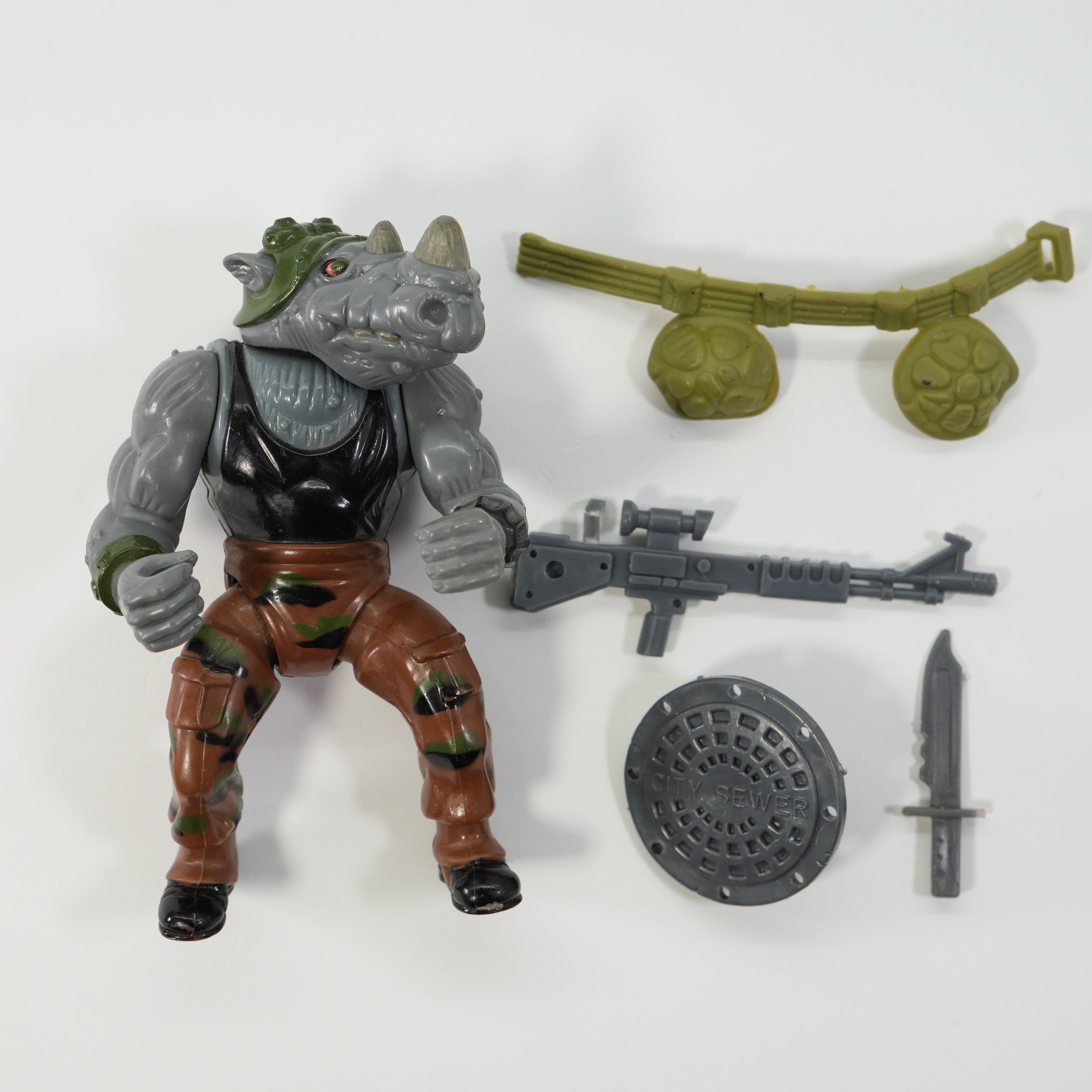 1988 Rocksteady Hard Head TMNT Complete with Figure, Accessories, and Full Cardback