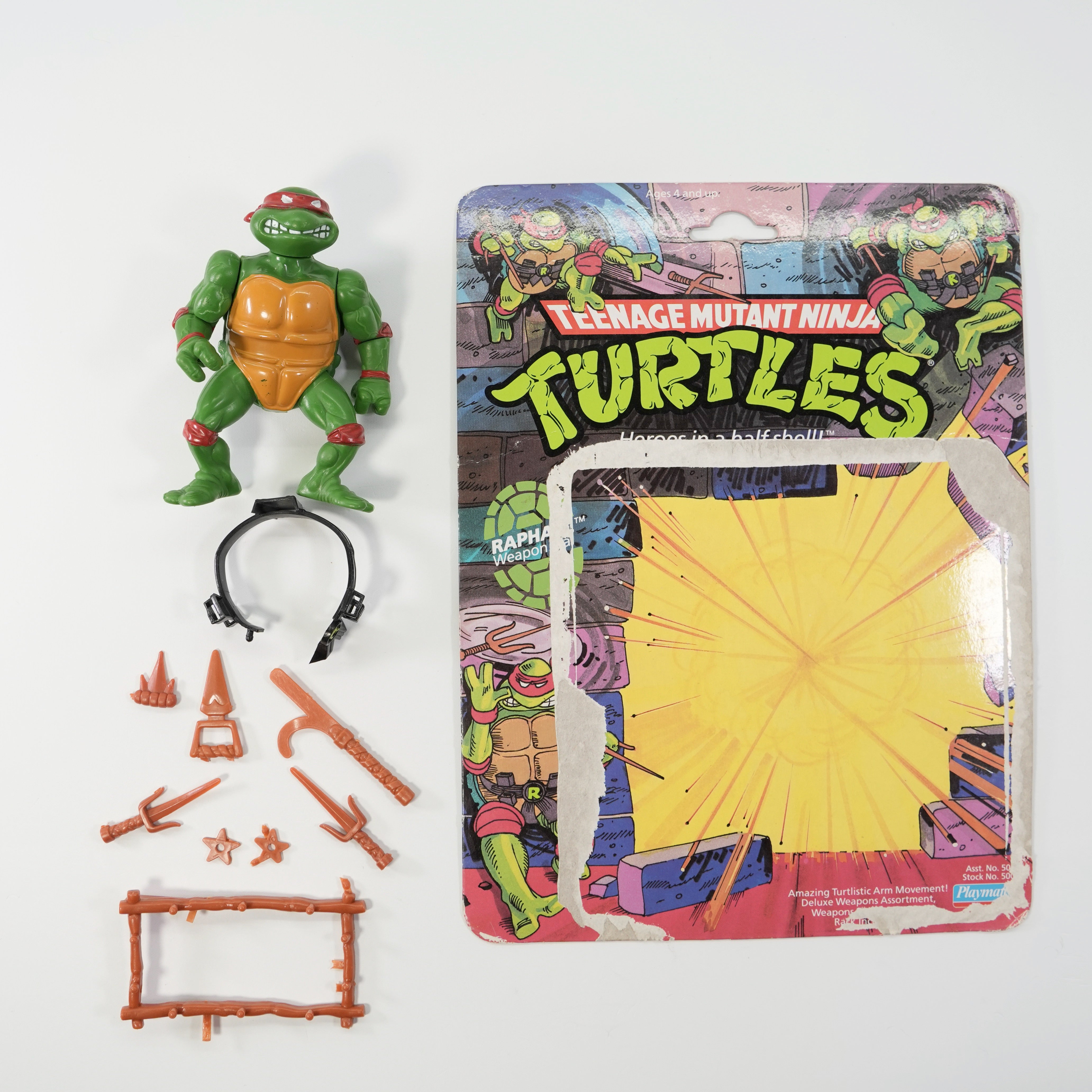 1988 Raphael Hard Head TMNT Complete with Figure, Accessories, and Full 10 Back Cardback